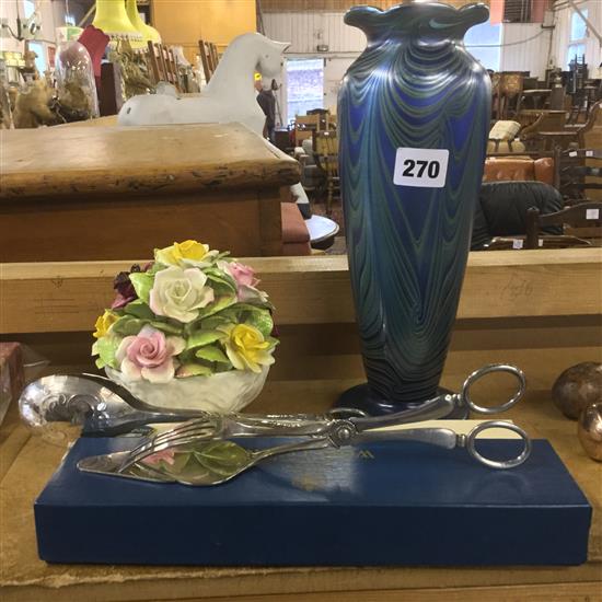 Signed irridescent glass vase, bread knife, etc